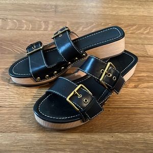 🎉HP🎉J Crew Wood Platform Black Leather Sandals Slides Brass Buckles 7 LIKE NEW